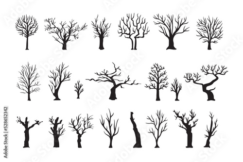 Silhouette Dead dry Tree Set. Black Tree On White Background. 