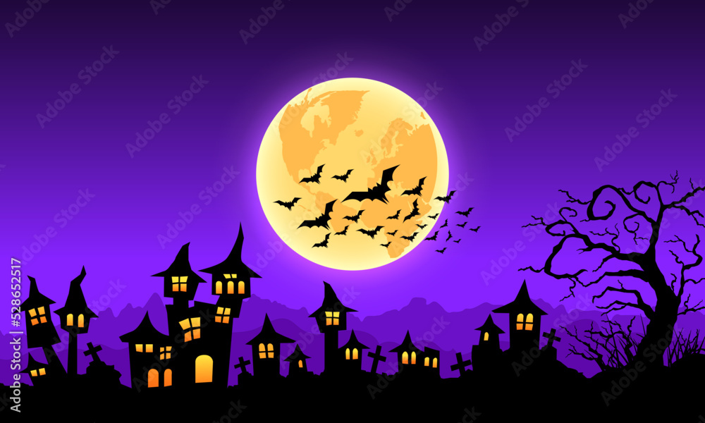 Halloween background with flying bats background dark night full moon, hounted house and bats.vector illustration.