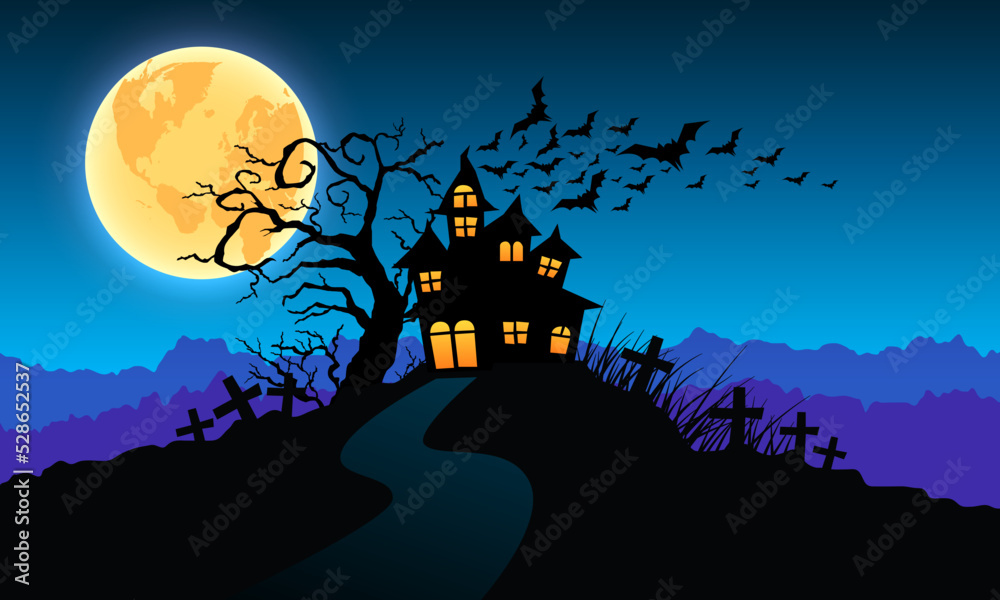 Halloween blue dark night with flying bats full moon, hounted house and cemetery. vector illustration.