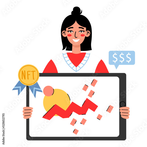 Woman artist holds a tablet with digital art. NFT concept. Flat vector illustration on a white background.