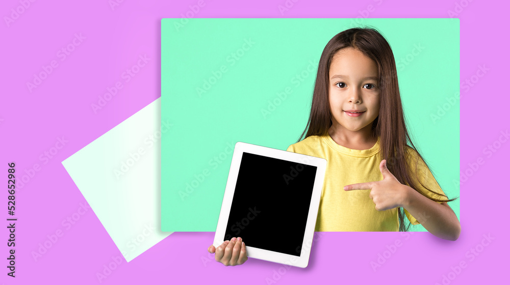 little girl holding a blank tablet computer little girl holding a blank tablet computer