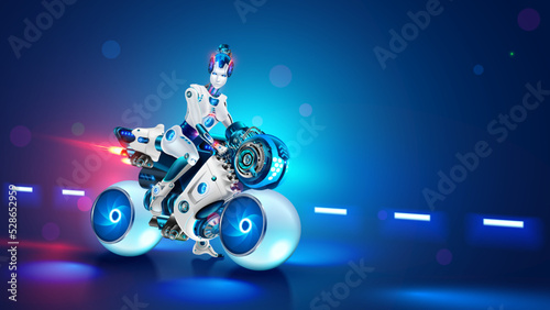 Woman cyborg biker on futuristic bike. Beautiful girl robot on motorbike. Cool female biker on white sport motorcycle with spherical wheels on road. Sci-fi vehicle or transport. Cyberpunk wallpaper.