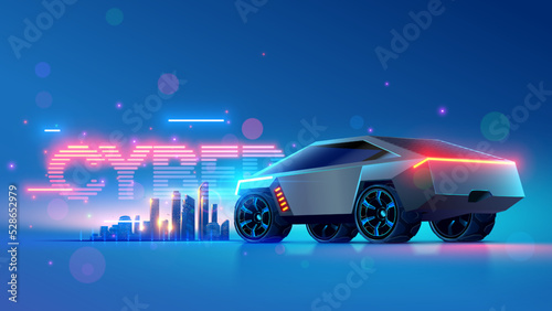 Futuristic car. Silver car stands against background of futuristic city. Sci-fi concept of autonomous smart automobile. Electric vehicle or transport. Conceptual Cyber car in fantastic cyberpunk style
