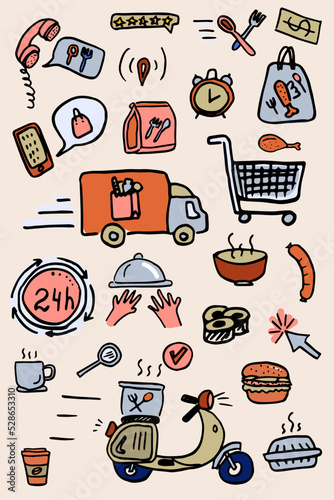 Fast food delivery service set vector illustration. Cartoon character delivering fastfood online order on bike scooter, takeaway hamburger sushi in cardboard