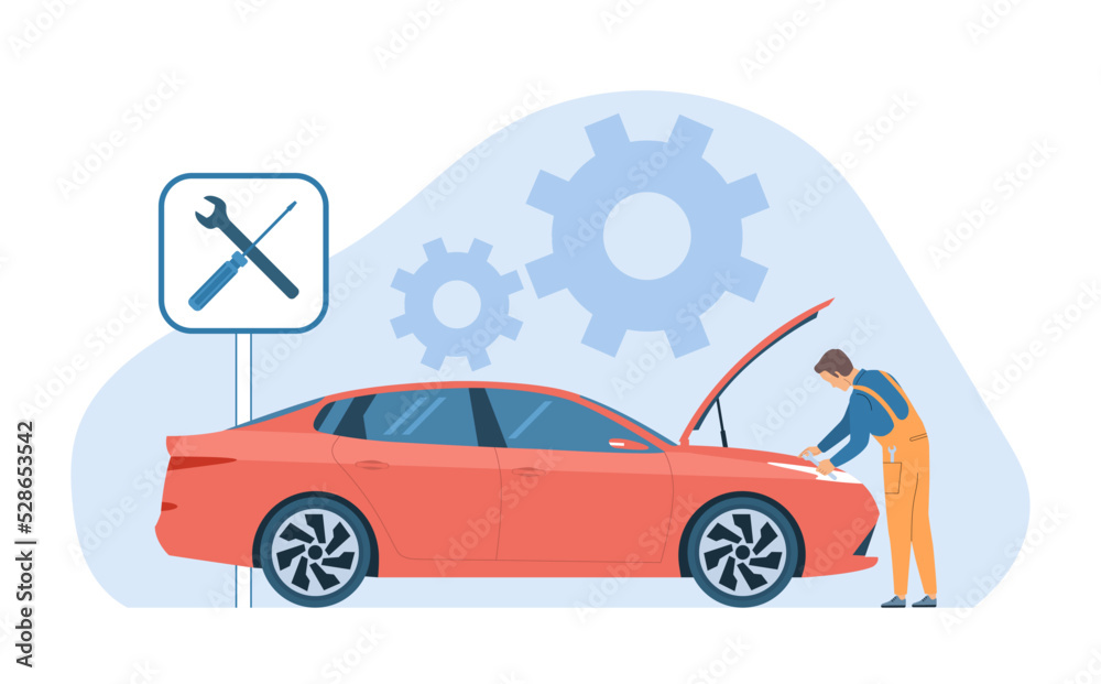 Concept for car service. Mechanic with wrench, car, tools and gears. Vector illustration. Concept for car service. Mechanic with wrench, car, tools and gears. Vector illustration.