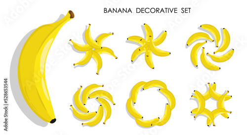 Juicy whole bananas to decorate dessert. Whole banana in form of sun or flower top view. Cartoon vector isolated on white background