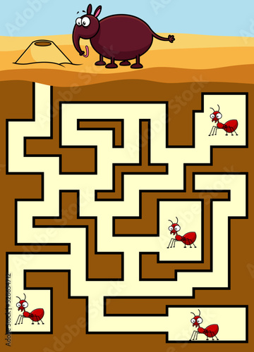 Cartoon Maze Game Education For Kids Help The Anteater Reach The Ants. Vector Hand Drawn Illustration With Background