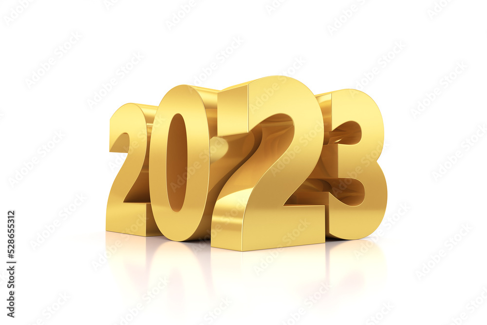 Happy New Year 2023. Gold numbers on a white background. Shiny party background. 3d render illustration for a banner. Happy New Year 2023. Gold numbers on a white background. Shiny party background. 3d render illustration for a banner.