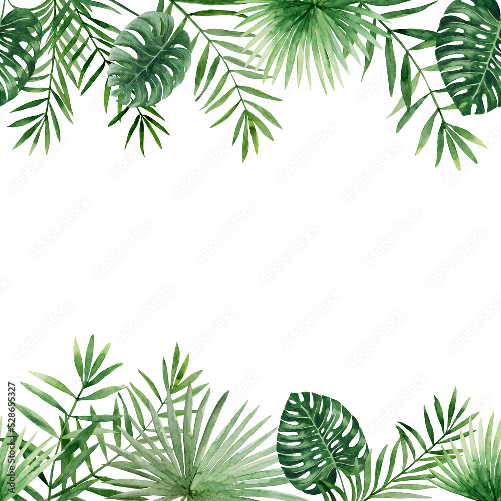Green palm leaves seamless border. Tropical twigs, branches. Jungle florals. Watercolor free-hand illustration for postcard, invitation, banner, event flyer, poster, presentation, menu, lifestyle Green palm leaves seamless border. Tropical twigs, branches. Jungle florals. Watercolor free-hand illustration for postcard, invitation, banner, event flyer, poster, presentation, menu, lifestyle