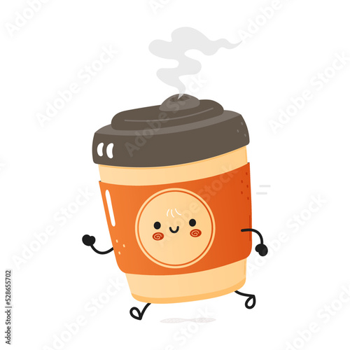 Cute funny running cup of coffee. Vector hand drawn cartoon kawaii character illustration icon. Isolated on white background. Run cup of coffee concept