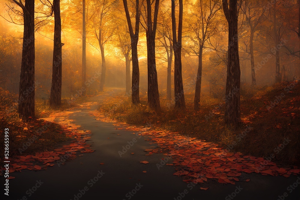 road in the autumn forest strewn with leaves at dusk, 3d rendering. Raster illustration.
