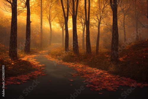 road in the autumn forest strewn with leaves at dusk, 3d rendering. Raster illustration. 