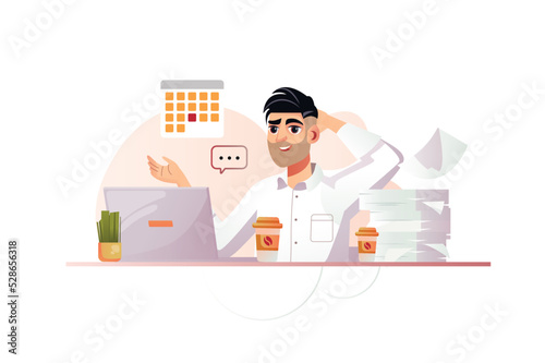 Deadline orange concept with people scene in the flat cartoon design. Employee with a lot of papers tries to complete all tasks in time. Vector illustration.
