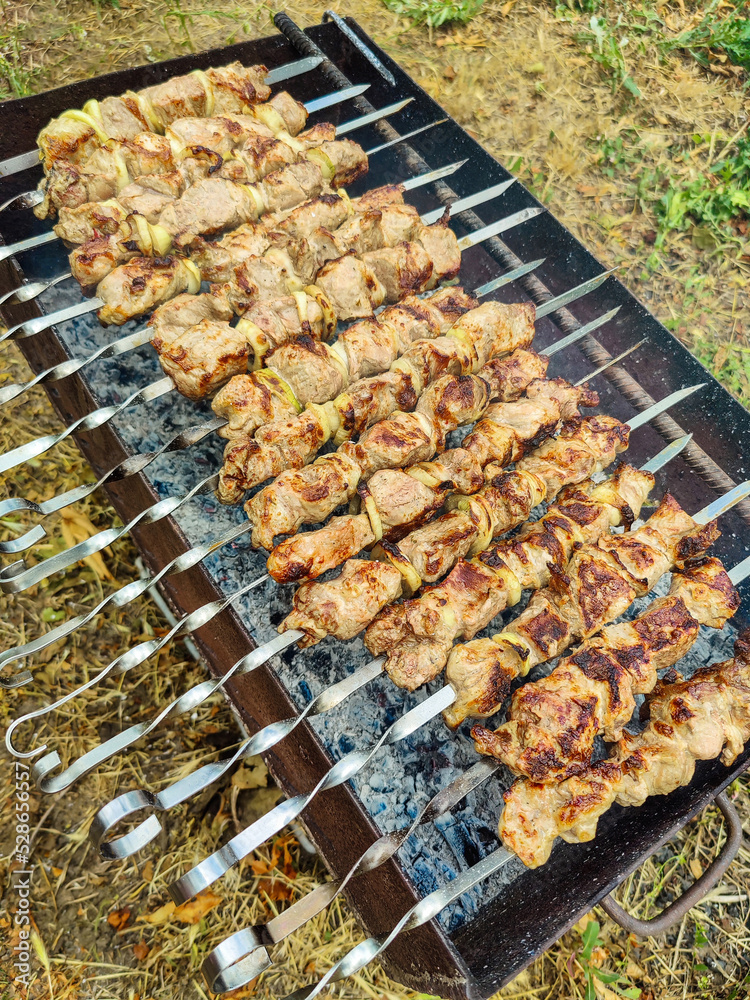 Cooking shish kebab on grill. Process of cooking meat in grill. Barbecue. Close-up. Selective focus.
