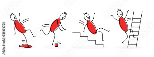 Stick figure falling and slippery vector illustration. Accident icon set.