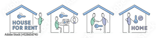 House For Rent - Set of real estate agent stickman dealing with customer symbol illustration.
