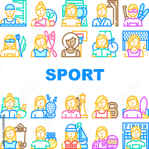 female sport woman exercise icons set vector. girl athlete  workout training  young people  healthy active gym lifestyle fitness female sport woman exercise color line illustrations