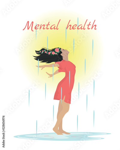 Mental health, happiness, harmony creative abstract concept. Happy woman with flowers on her head despite the rain. Mindfulness, positive thinking, self care idea. Set of flat cartoon vector illustrat