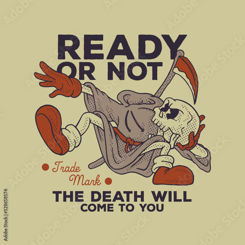Cartoon emblem of grim reaper mascot throwing his head with retro style