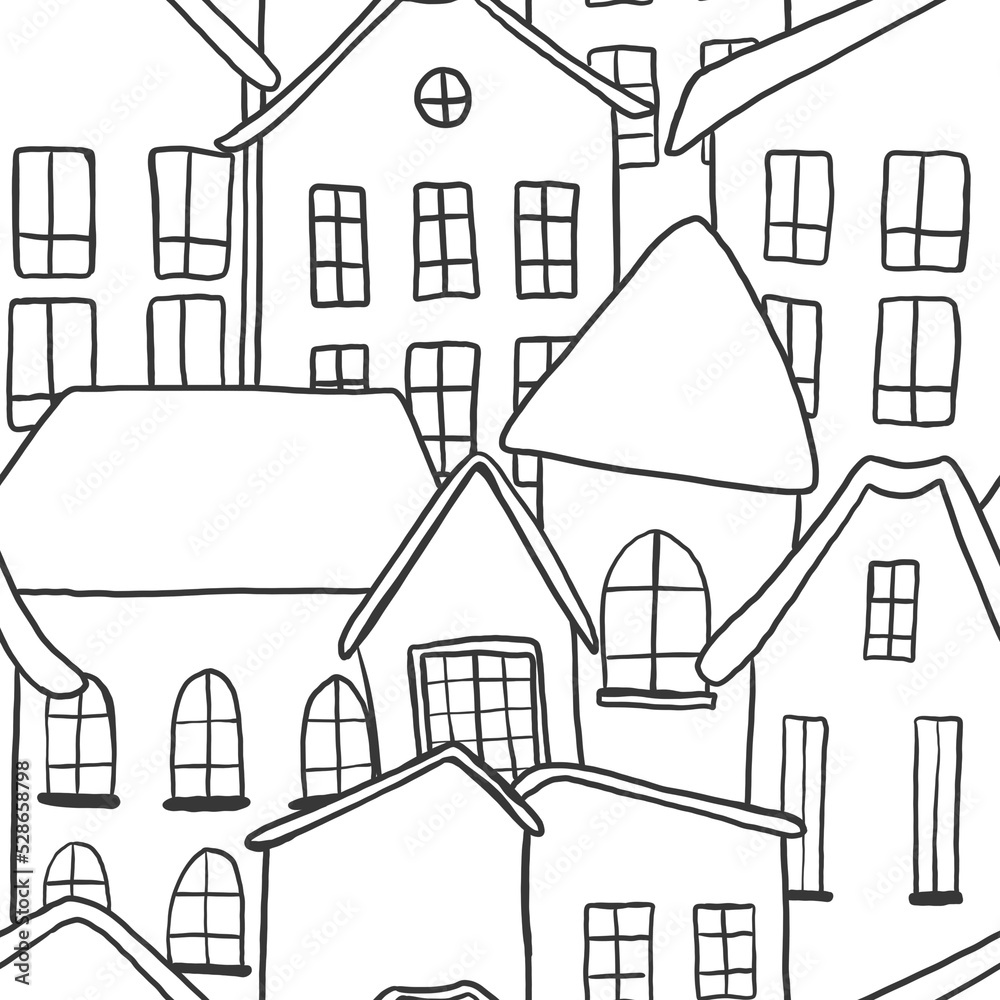 Decorative, seamless pattern of simple doodle, illustrations of houses