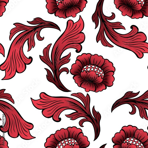 Decorative folk Russian pattern of plant motifs of red color