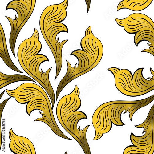 Decorative golden pattern of plant elements on a white background