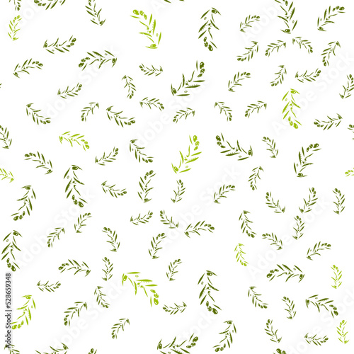 Fototapeta Naklejka Na Ścianę i Meble -  Seamless vector pattern with abstract, stylized olive branches. Texture for packaging of olive oil, pickled olives, labels. Botanical illustration, plant