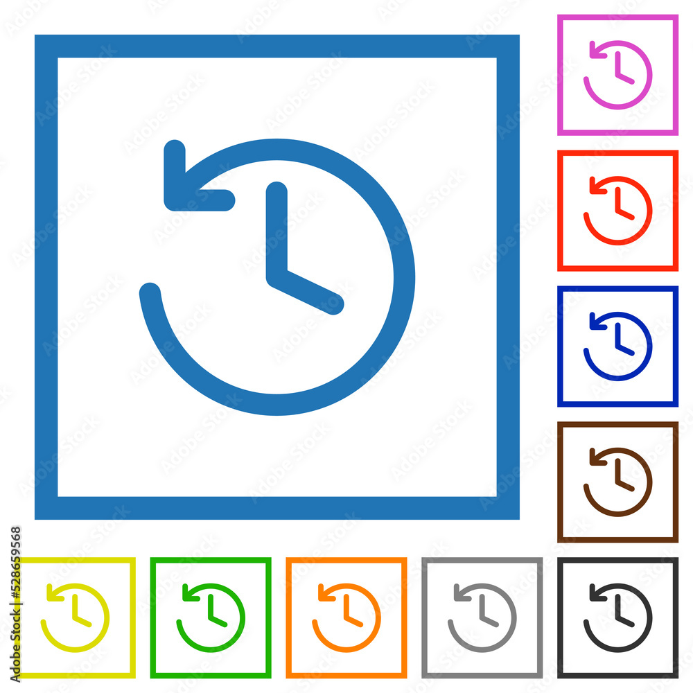 Circle shaped backward arrow and clock flat framed icons