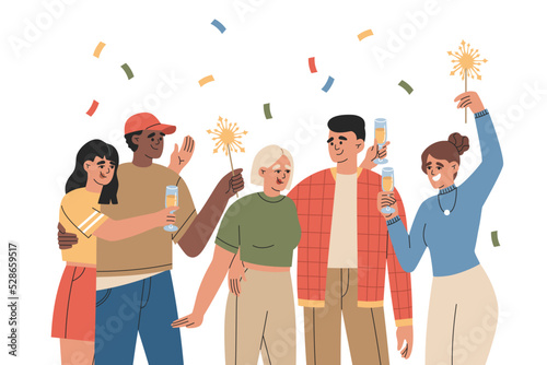 Group of happy mans and girls celebrating holiday with sparklers, confetti and drinks. Young peoples have fun together. Hand drawn vector illustration isolated on white background. Flat cartoon style