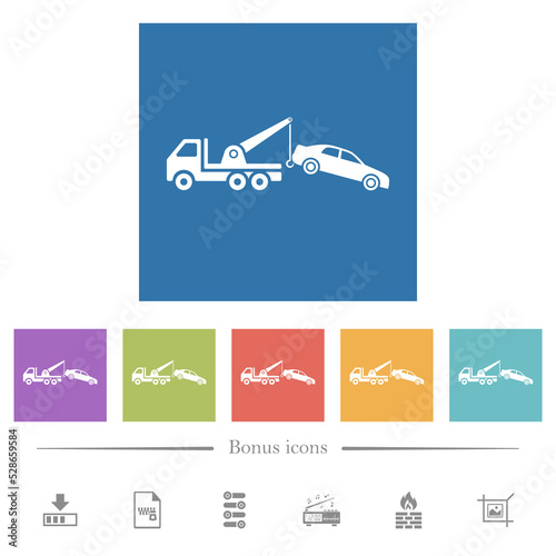 Car towing flat white icons in square backgrounds
