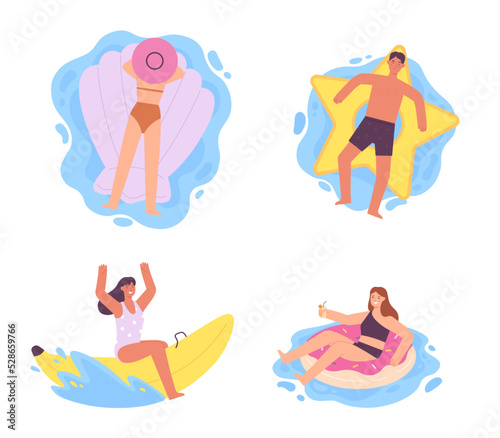 Flat people on inflatable air mattresses and swimming rings