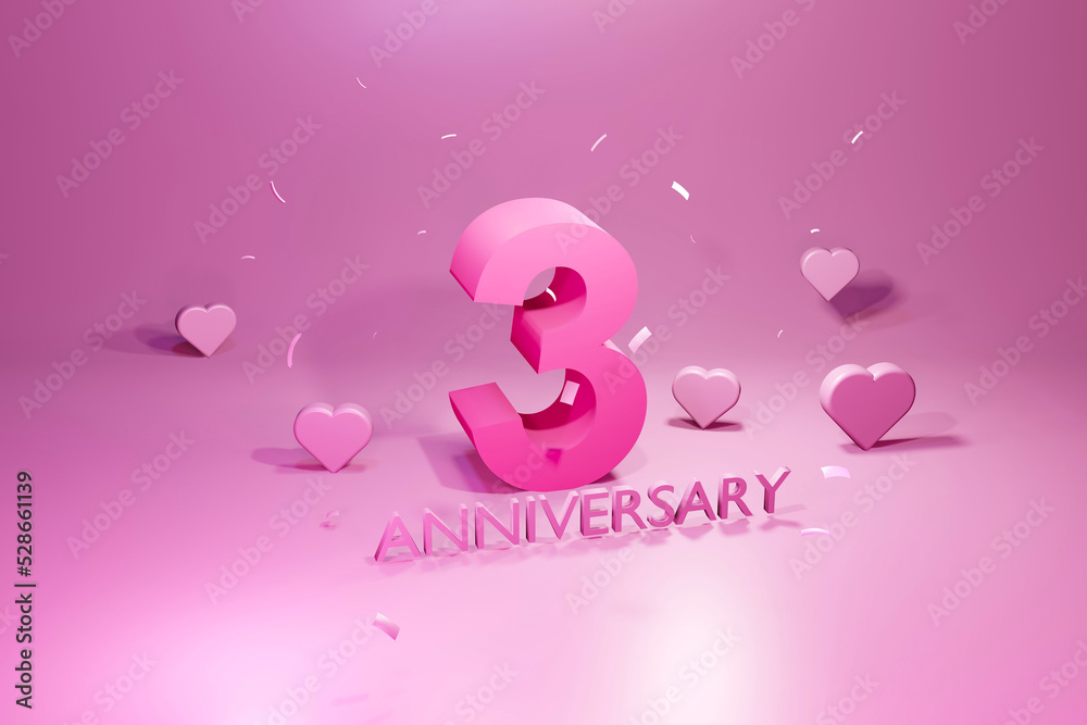 3years anniversary celebration on pink pastel background 3d render