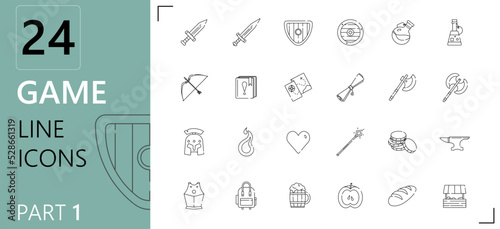 Game icons set ,1st part. Collections of in-game objects: weapon, magic, armor, maps, bottles and others. Trendy vector style. Aesthetic thin lines.