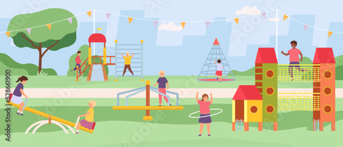 Fototapeta Naklejka Na Ścianę i Meble -  Kids park carousels, swings and game modules with slides
