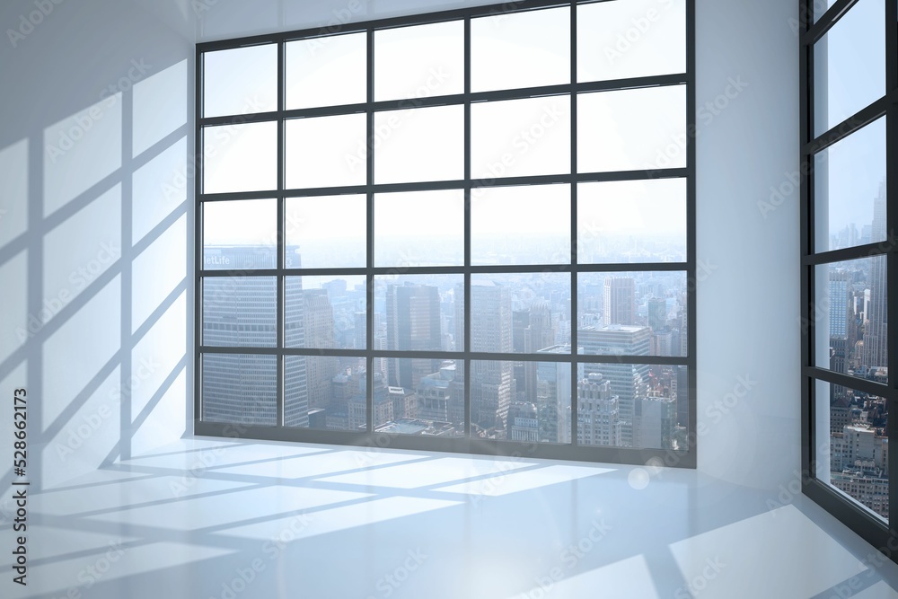 Room with large window showing city Room with large window showing city