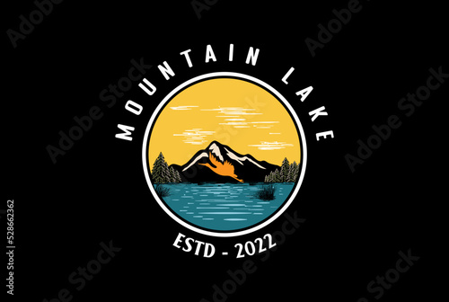 Sunset Mountain Pine Evergreen Conifer Fir Trees Forest with Lake River Creek and Flying Stork Heron Flamingo Logo Design