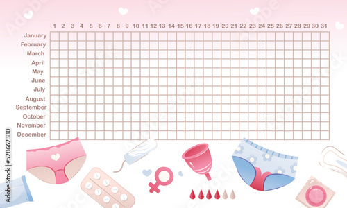 Menstruation calendar. Women period tracker. Calendar for critical days marking, menstrual cycle. Vector illustration