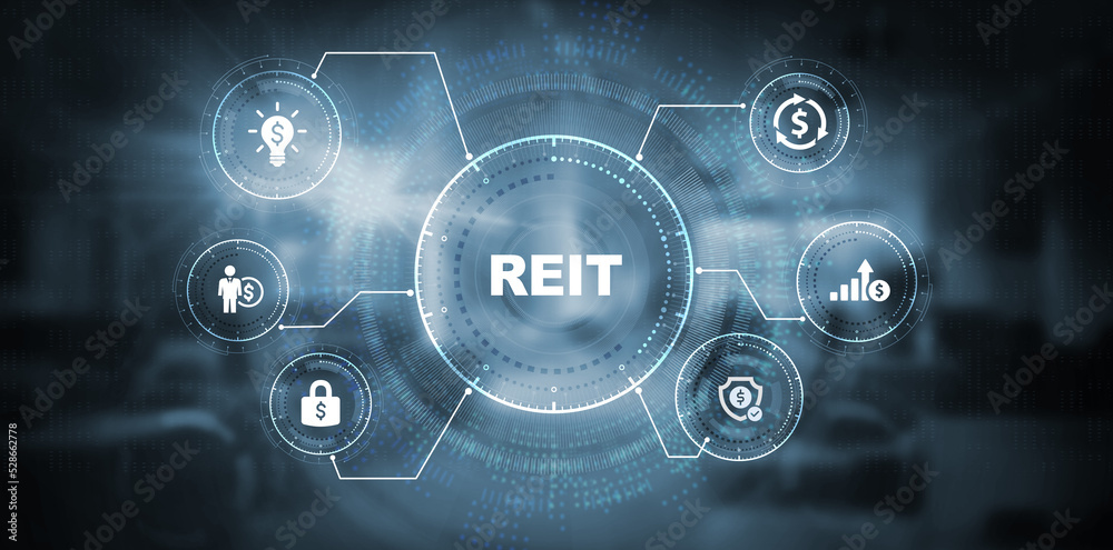 REIT Real estate investment fund ETF Financial stock market. Business, technology, internet and networking concept. 3d illustration REIT Real estate investment fund ETF Financial stock market. Business, technology, internet and networking concept. 3d illustration