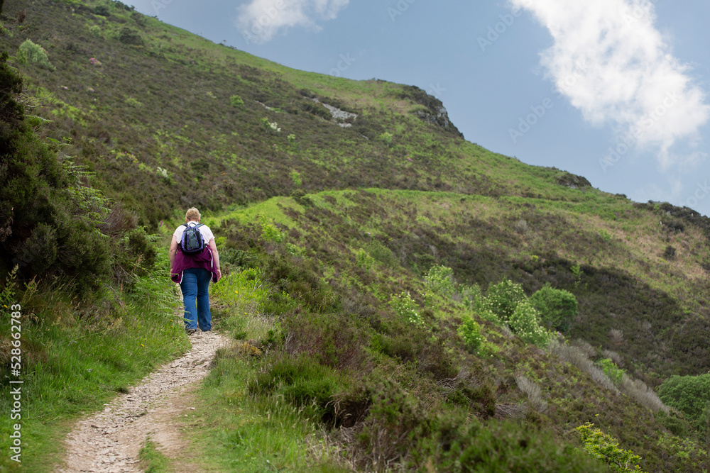 Lynmouth Devon united kingdom, 06, June 2016 Back view of a lady hiker  with backpack standing on top of devonshire cliffs walking along devon coast path, Travel concept, vacation.
