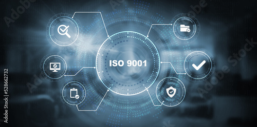 Business, technology, internet and network concept. Virtual screen of the future with the inscription: ISO 9001. 3d illustration