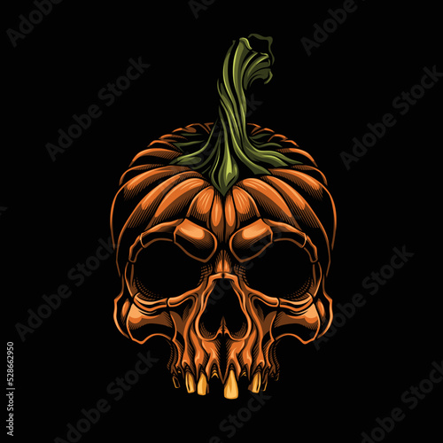 Vector illustration of pumpkin evil skull in engraving technique. Isolated on black.