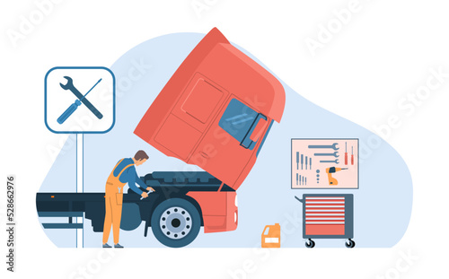 Concept for truck repair service. Mechanic with wrench, truck, tools and gears. Vector illustration.