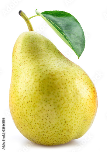Ripe pear with green leaf isolated on white background.