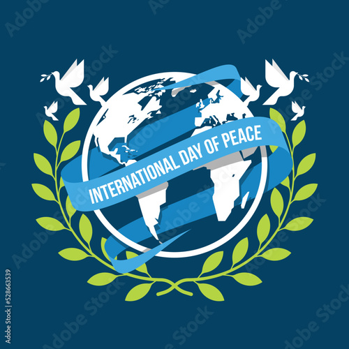 International day of peace - white doves of peace flying up circle globe world sign with blue ribbon roll around and olive wreath on dark blue background vector design