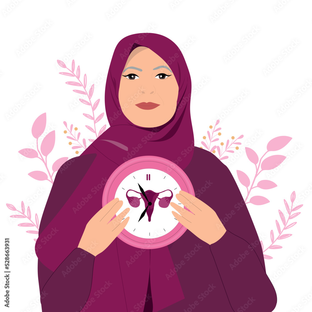 Muslim woman holding clocks. Menopause concept. Vector illustration