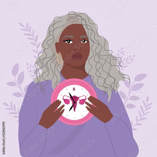 African american woman holding clocks. Menopause concept. Vector illustration