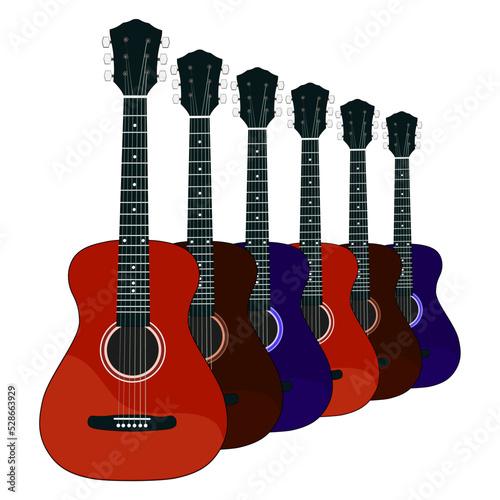 Acoustic guitar set on a white background. Vector illustration of stringed musical instruments
