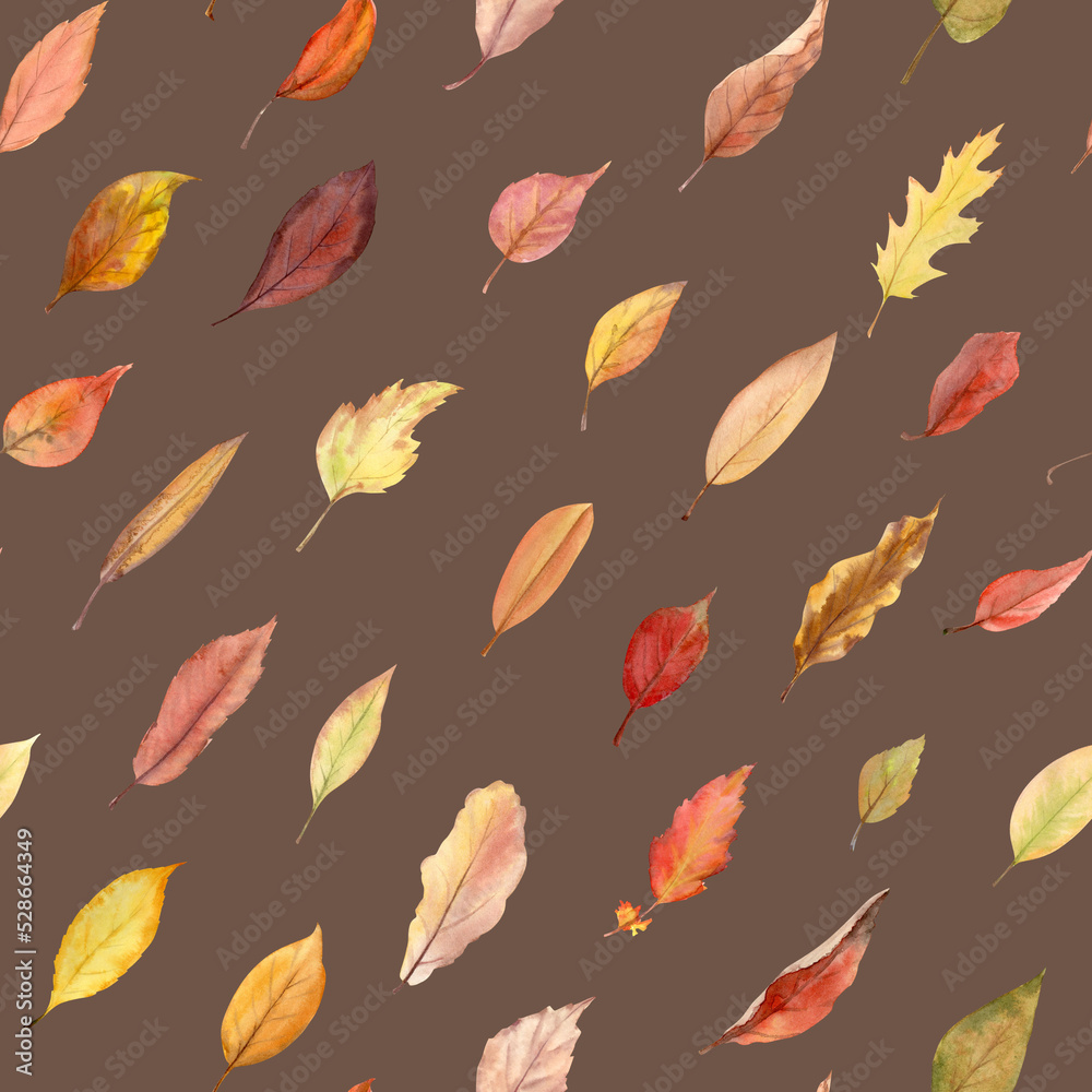 Watercolor hand drawn seamless pattern with autumn leaves