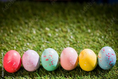 Easter eggs on grass in garden