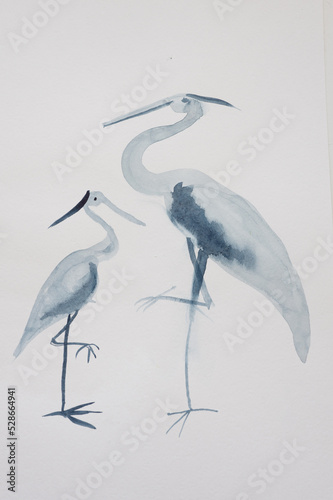 children's diy watercolor drawing on textured paper - two herons mother and baby standing next raised paw. wild animal bird. free chinese painting of the freehand style. kid's art handmade painting
